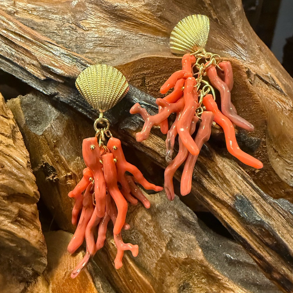 Coral Design Branch Earrings with Gold Shell Accent
